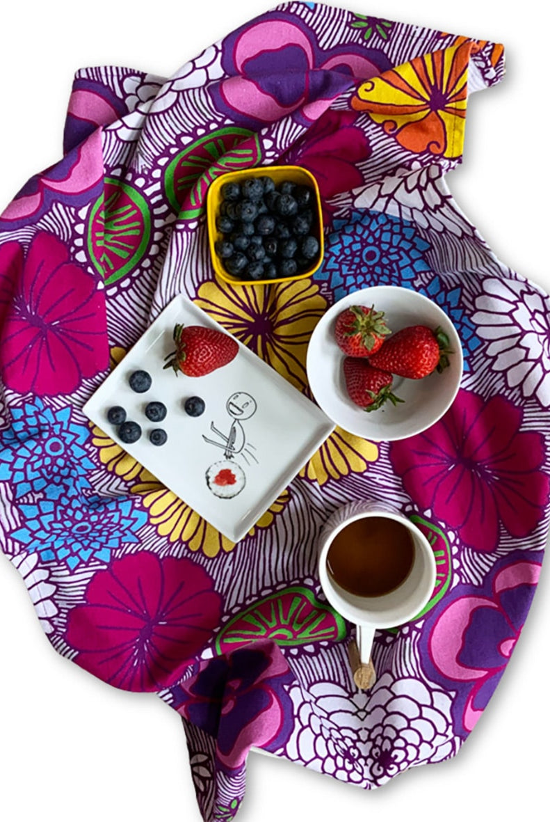 bright flowers tea towel with berries on plate