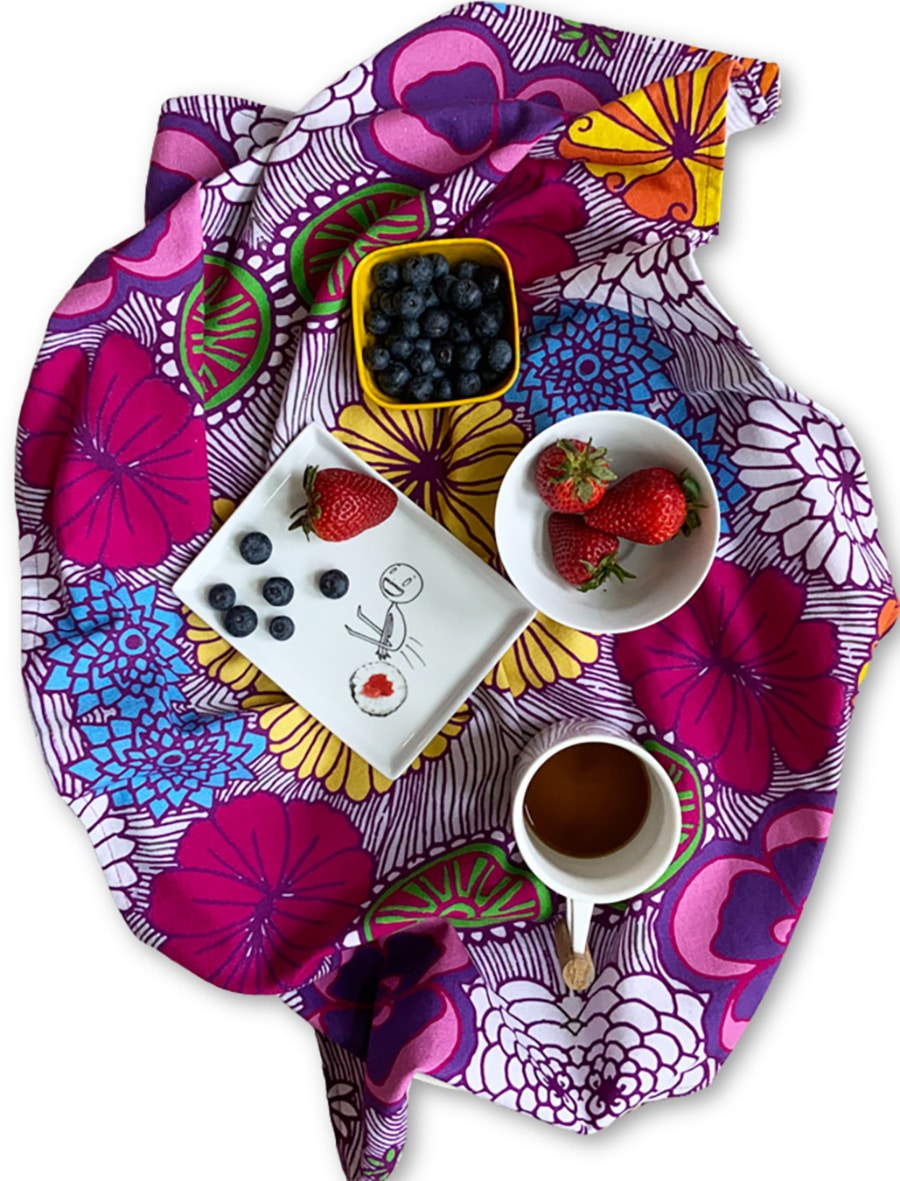 bright flowers tea towel with berries on plate