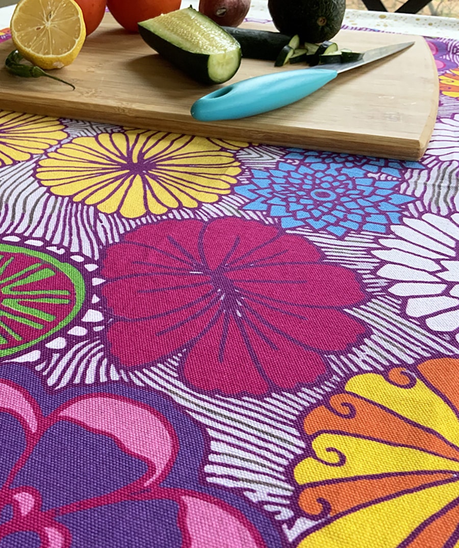 bright spring flower tea towel in the kitchen