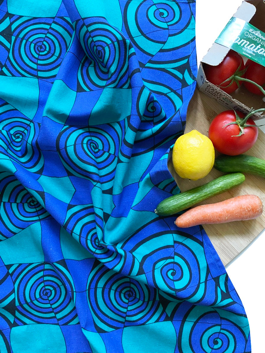 Tea towels-spirals-bluegreen-plain